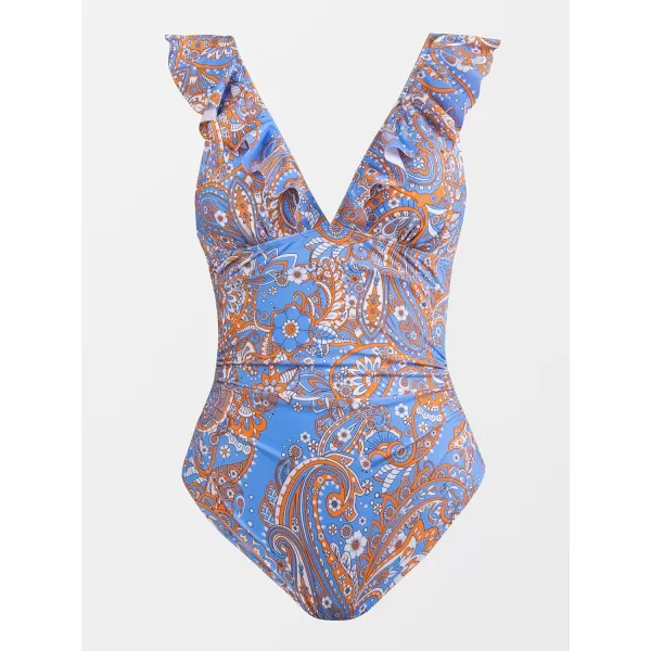 imageCUPSHE Womens Ruffled One Piece Swimsuit V Neck Lace UpBlue Paisley Print