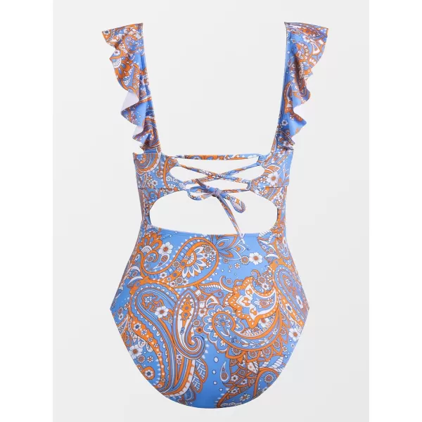 imageCUPSHE Womens Ruffled One Piece Swimsuit V Neck Lace UpBlue Paisley Print