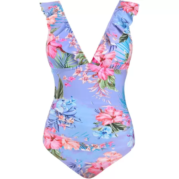 imageCUPSHE Womens Ruffled One Piece Swimsuit V Neck Lace UpBluePink Floral