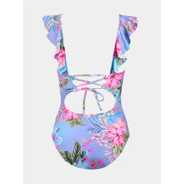 imageCUPSHE Womens Ruffled One Piece Swimsuit V Neck Lace UpBluePink Floral