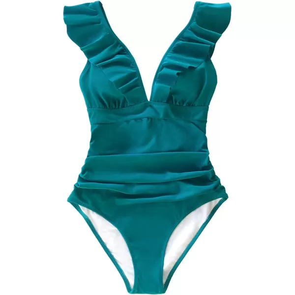 imageCUPSHE Womens Ruffled One Piece Swimsuit V Neck Lace UpBright Cyan