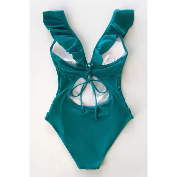 imageCUPSHE Womens Ruffled One Piece Swimsuit V Neck Lace UpBright Cyan