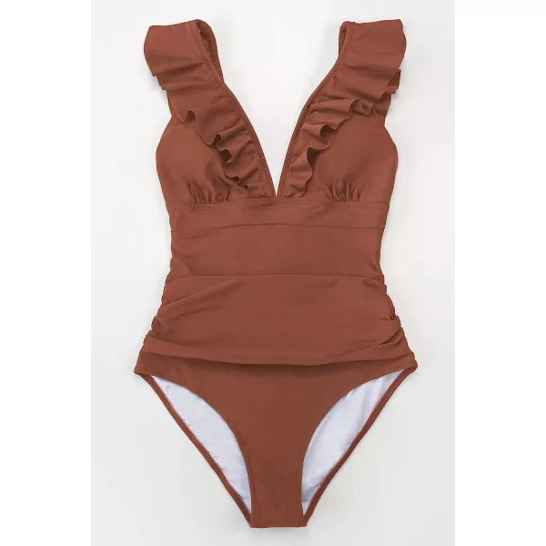 imageCUPSHE Womens Ruffled One Piece Swimsuit V Neck Lace UpBrown