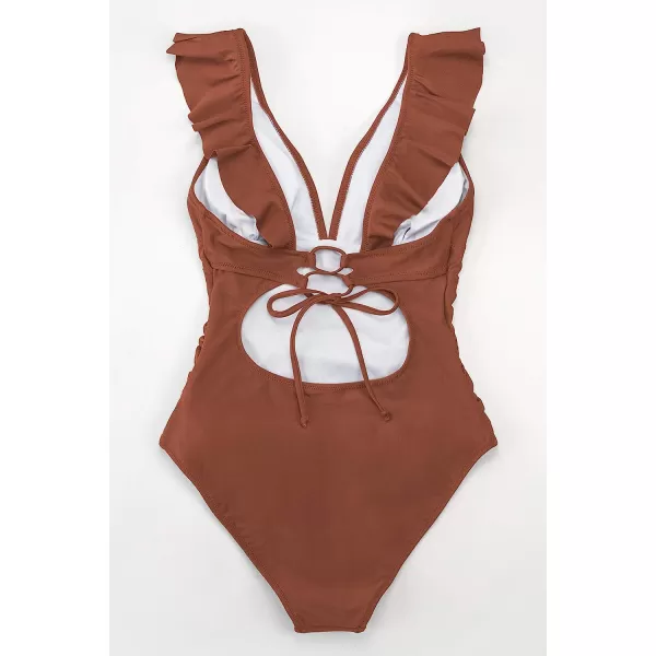 imageCUPSHE Womens Ruffled One Piece Swimsuit V Neck Lace UpBrown