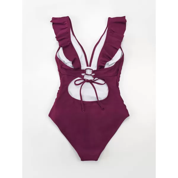 imageCUPSHE Womens Ruffled One Piece Swimsuit V Neck Lace UpBurgundy