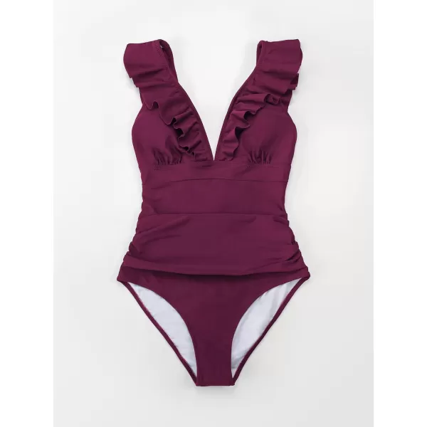 imageCUPSHE Womens Ruffled One Piece Swimsuit V Neck Lace UpBurgundy