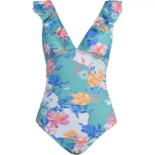 imageCUPSHE Womens Ruffled One Piece Swimsuit V Neck Lace UpCyan Floral