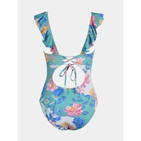 imageCUPSHE Womens Ruffled One Piece Swimsuit V Neck Lace UpCyan Floral