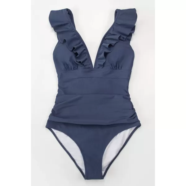 imageCUPSHE Womens Ruffled One Piece Swimsuit V Neck Lace UpDark Blue