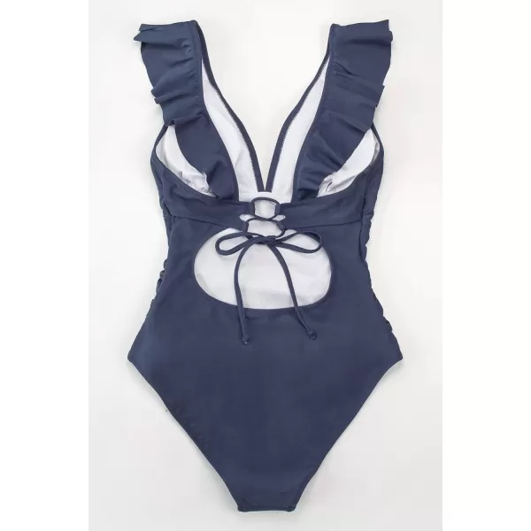 imageCUPSHE Womens Ruffled One Piece Swimsuit V Neck Lace UpDark Blue
