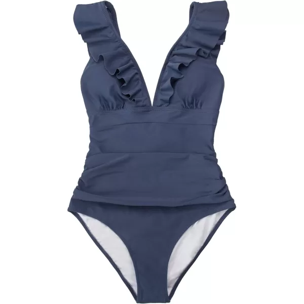 imageCUPSHE Womens Ruffled One Piece Swimsuit V Neck Lace UpDark Blue