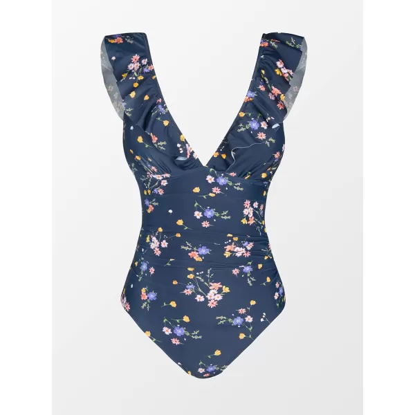 imageCUPSHE Womens Ruffled One Piece Swimsuit V Neck Lace UpDenim Blue Floral