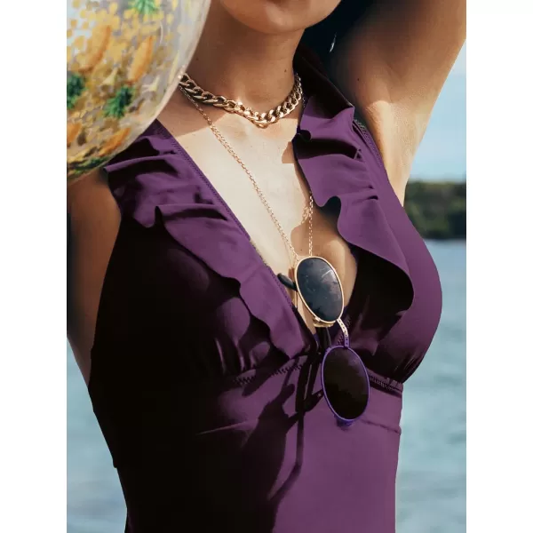 imageCUPSHE Womens Ruffled One Piece Swimsuit V Neck Lace UpGrape Purple