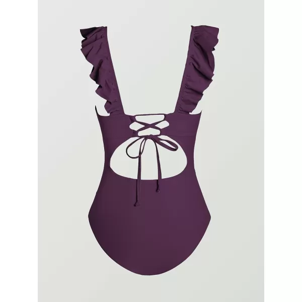 imageCUPSHE Womens Ruffled One Piece Swimsuit V Neck Lace UpGrape Purple