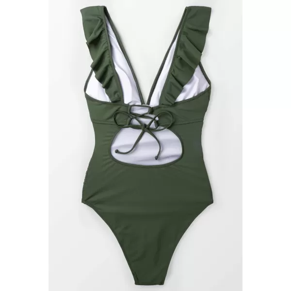 imageCUPSHE Womens Ruffled One Piece Swimsuit V Neck Lace UpGreen