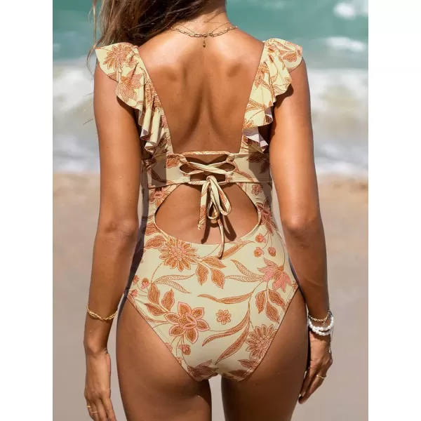 imageCUPSHE Womens Ruffled One Piece Swimsuit V Neck Lace UpLight Yellow Print