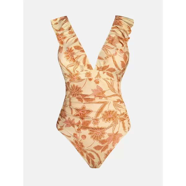 imageCUPSHE Womens Ruffled One Piece Swimsuit V Neck Lace UpLight Yellow Print