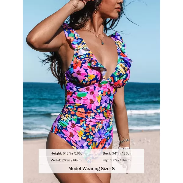imageCUPSHE Womens Ruffled One Piece Swimsuit V Neck Lace UpMagenta Ditsy Print