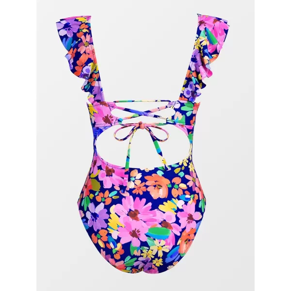 imageCUPSHE Womens Ruffled One Piece Swimsuit V Neck Lace UpMagenta Ditsy Print