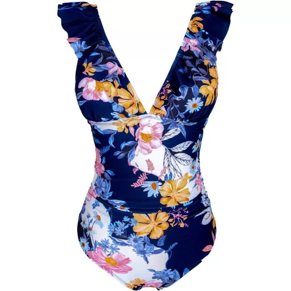 imageCUPSHE Womens Ruffled One Piece Swimsuit V Neck Lace UpNavy Blue  Daisy