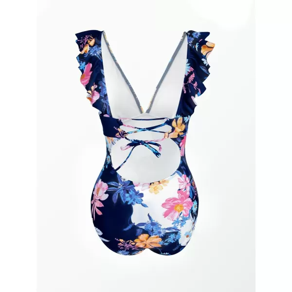 imageCUPSHE Womens Ruffled One Piece Swimsuit V Neck Lace UpNavy Blue  Daisy