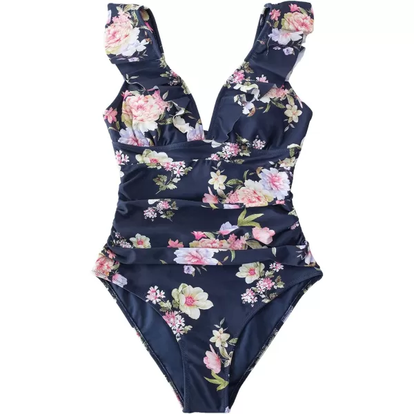 imageCUPSHE Womens Ruffled One Piece Swimsuit V Neck Lace UpNavy Floral