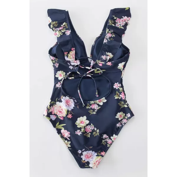 imageCUPSHE Womens Ruffled One Piece Swimsuit V Neck Lace UpNavy Floral