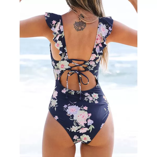 imageCUPSHE Womens Ruffled One Piece Swimsuit V Neck Lace UpNavy Floral