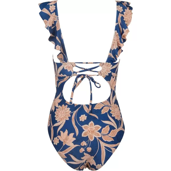 imageCUPSHE Womens Ruffled One Piece Swimsuit V Neck Lace UpNavy Paisley Print