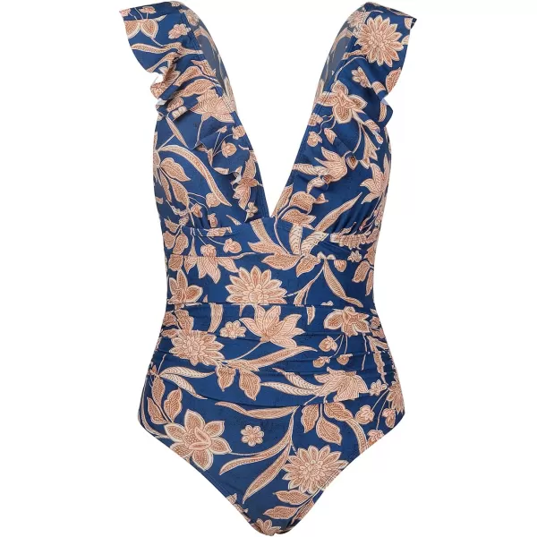 imageCUPSHE Womens Ruffled One Piece Swimsuit V Neck Lace UpNavy Paisley Print