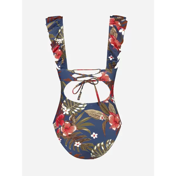 imageCUPSHE Womens Ruffled One Piece Swimsuit V Neck Lace UpNavy Tropical Print