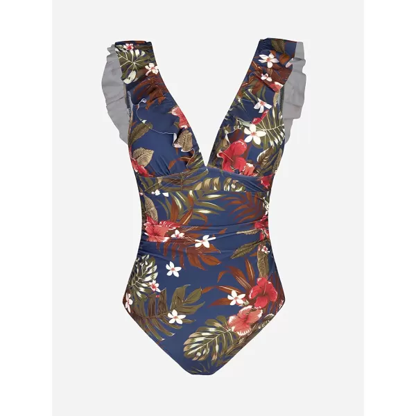 imageCUPSHE Womens Ruffled One Piece Swimsuit V Neck Lace UpNavy Tropical Print