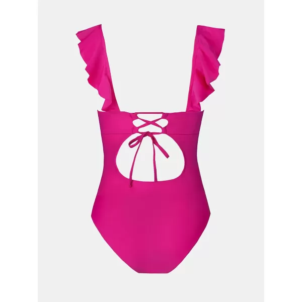 imageCUPSHE Womens Ruffled One Piece Swimsuit V Neck Lace UpNeon Pink
