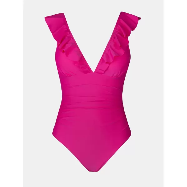 imageCUPSHE Womens Ruffled One Piece Swimsuit V Neck Lace UpNeon Pink