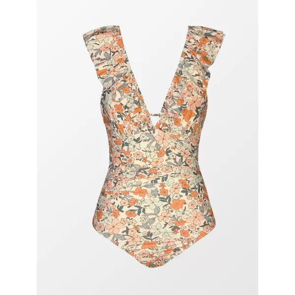 imageCUPSHE Womens Ruffled One Piece Swimsuit V Neck Lace UpOrange Ditsy Print
