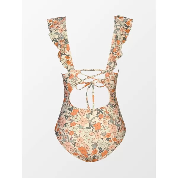 imageCUPSHE Womens Ruffled One Piece Swimsuit V Neck Lace UpOrange Ditsy Print