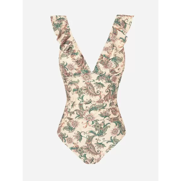 imageCUPSHE Womens Ruffled One Piece Swimsuit V Neck Lace UpPaisley Print