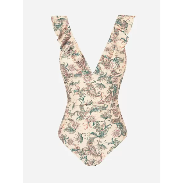 imageCUPSHE Womens Ruffled One Piece Swimsuit V Neck Lace UpPaisley Print