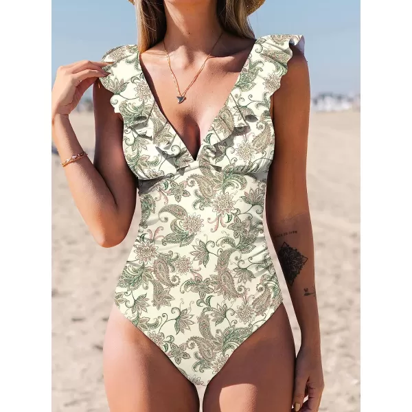 imageCUPSHE Womens Ruffled One Piece Swimsuit V Neck Lace UpPaisley Print