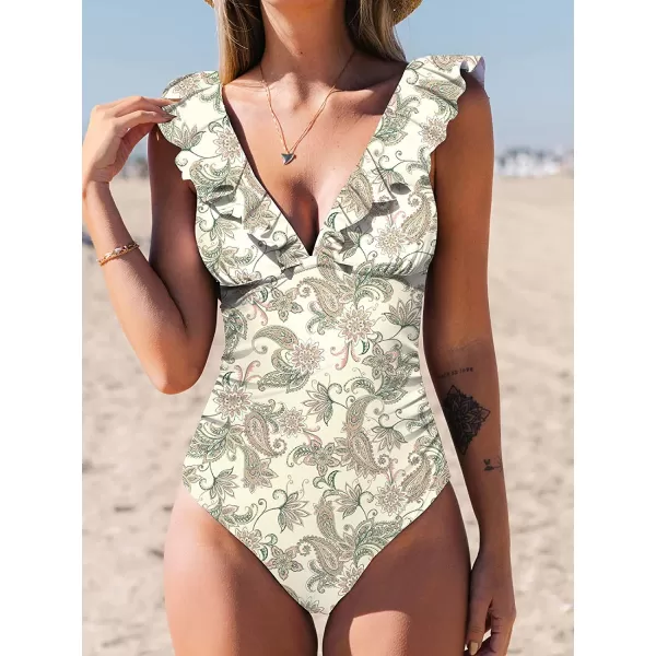 imageCUPSHE Womens Ruffled One Piece Swimsuit V Neck Lace UpPaisley Print
