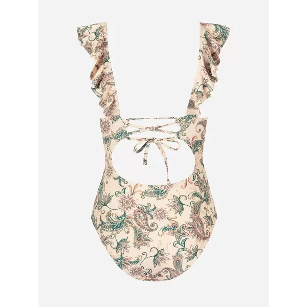 imageCUPSHE Womens Ruffled One Piece Swimsuit V Neck Lace UpPaisley Print