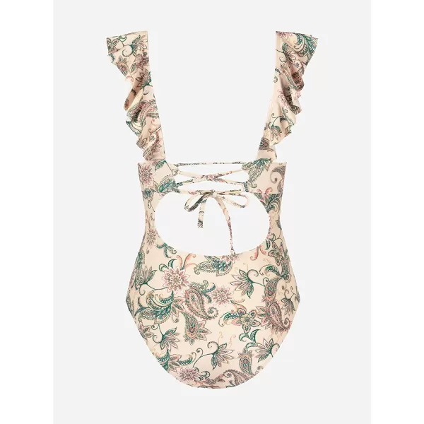 imageCUPSHE Womens Ruffled One Piece Swimsuit V Neck Lace UpPaisley Print