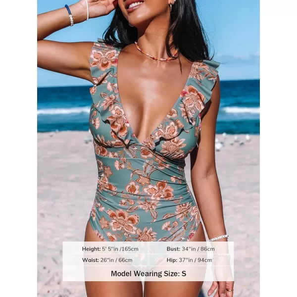 imageCUPSHE Womens Ruffled One Piece Swimsuit V Neck Lace UpPine GreenRed Floral