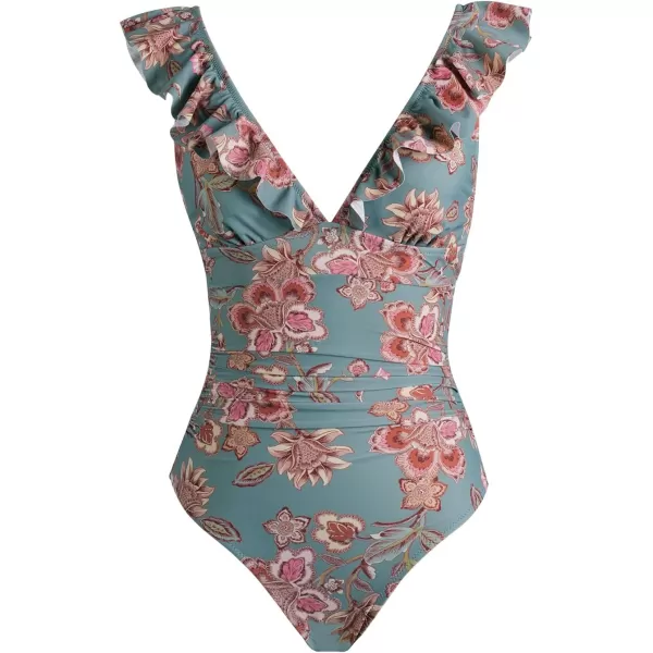 imageCUPSHE Womens Ruffled One Piece Swimsuit V Neck Lace UpPine GreenRed Floral