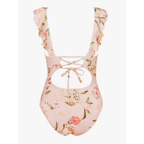 imageCUPSHE Womens Ruffled One Piece Swimsuit V Neck Lace UpPink Floral