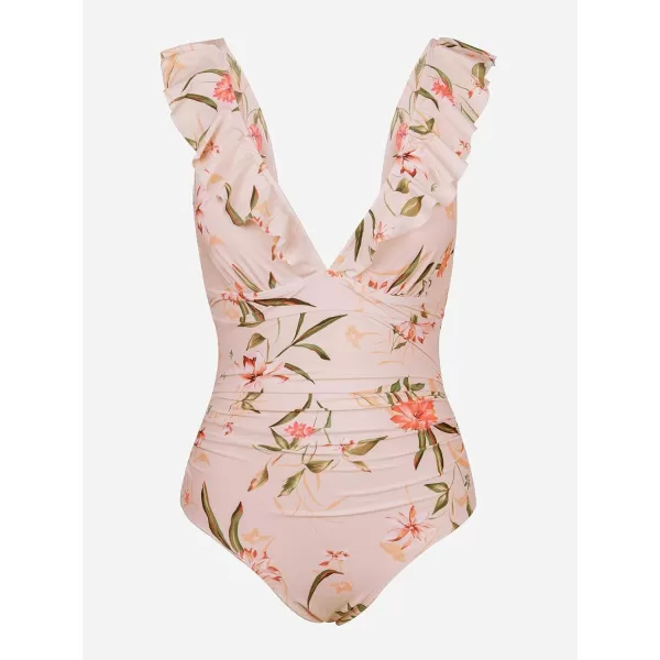 imageCUPSHE Womens Ruffled One Piece Swimsuit V Neck Lace UpPink Floral