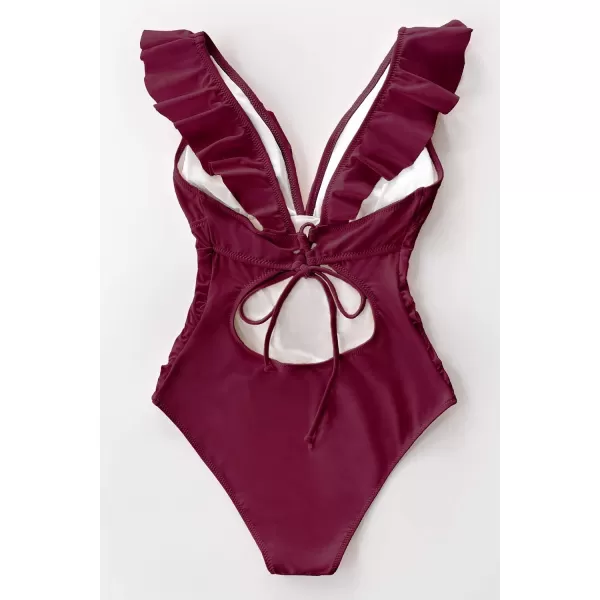 imageCUPSHE Womens Ruffled One Piece Swimsuit V Neck Lace UpRed