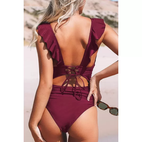 imageCUPSHE Womens Ruffled One Piece Swimsuit V Neck Lace UpRed