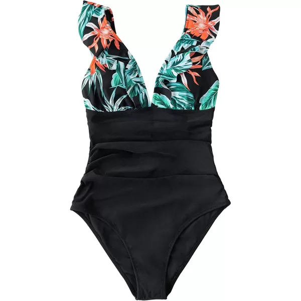 imageCUPSHE Womens Ruffled One Piece Swimsuit V Neck Lace UpTropical Flower Print