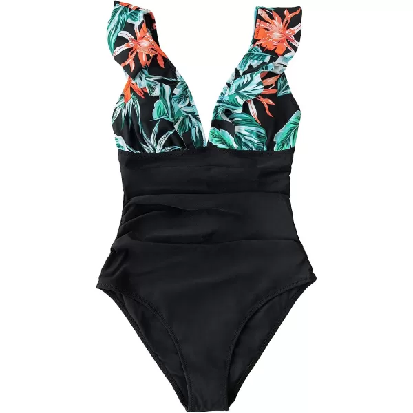 imageCUPSHE Womens Ruffled One Piece Swimsuit V Neck Lace UpTropical Flower Print